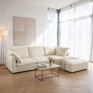 Eeeza Modular Sectional Sofa with Ottoman, 3-seater, Chenille, White