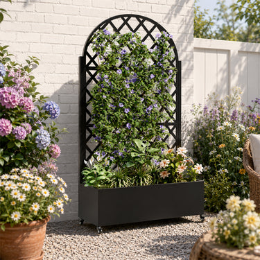 Eeeza Outdoor Flower Rack with Trellis and Wheels for Patio, Metal