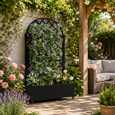 Eeeza Outdoor Flower Rack with Trellis and Wheels for Patio, Metal