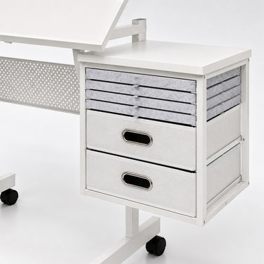 Multi-Functional Puzzle Table with Lockable Wheels and Drawers, White