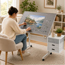 Multi-Functional Puzzle Table with Lockable Wheels and Drawers, White