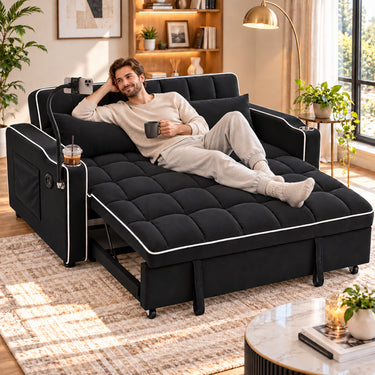 Eeeza Modern Sofa Bed with Phone Holder, Velvet, 2-seater, 190cm