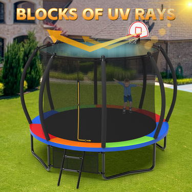 10FT Curved Trampoline For Kids With PE Sunshade Cover and Basketball Hoop