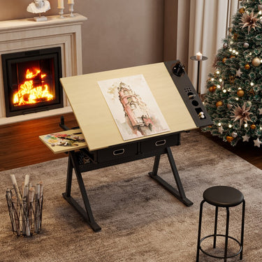 Adjustable drafting table with 2 drawers for home office and school