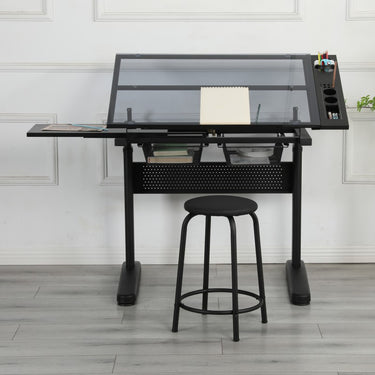 Hand-crank adjustable drawing table with 2 metal drawers and 1 chair