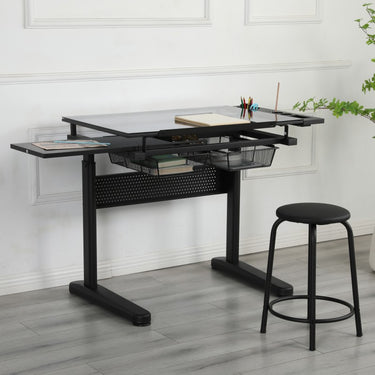 Hand-crank adjustable drawing table with 2 metal drawers and 1 chair