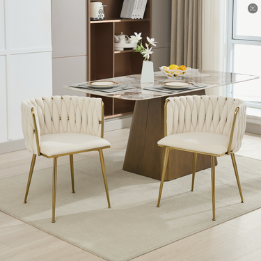 Set of 2 Velvet Upholstered Woven Dining Chairs with Golden Metal Legs