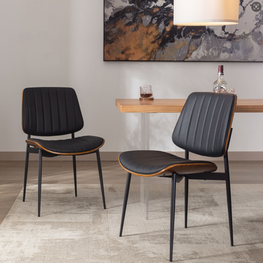 Dining Chairs Set of 2, Mid Century Modern Accent Chair, Upholstered PU Leather Chairs for Vanity with Walnut Bentwood and Metal Legs