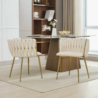 Set of 2 Velvet Upholstered Woven Dining Chairs with Golden Metal Legs