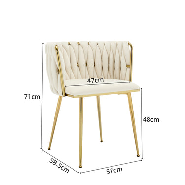 Set of 2 Velvet Upholstered Woven Dining Chairs with Golden Metal Legs
