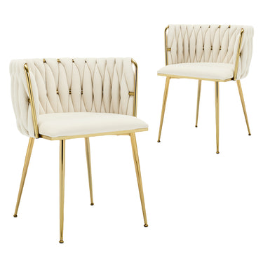 Set of 2 Velvet Upholstered Woven Dining Chairs with Golden Metal Legs