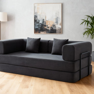 Folding corduroy sofa bed with pillows