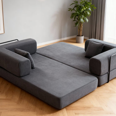 Folding corduroy sofa bed with pillows