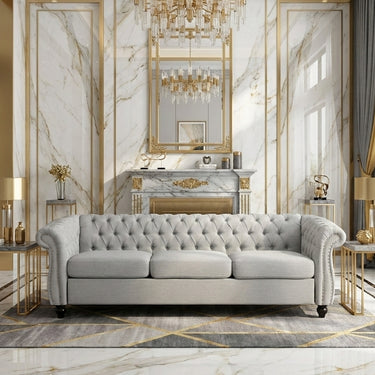 Modern Style Cloud Gray Button Tufted Upholstered Fabric Sofa