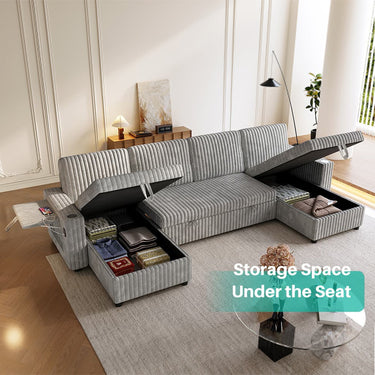 Oversized U Shaped Plush Corduroy Fluffy Sectional Sleeper Sofa