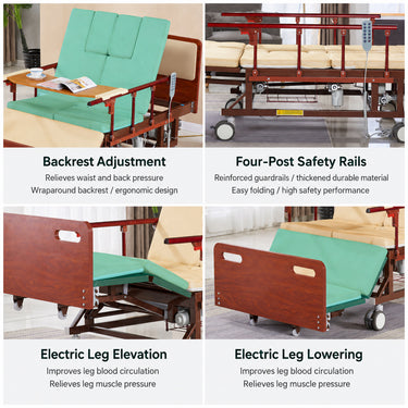 Adjustable Electric Bed for Senior with Nursing Mattress, Wood