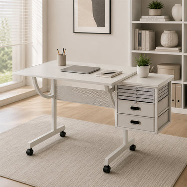 Multi-Functional Puzzle Table with Lockable Wheels and Drawers, White