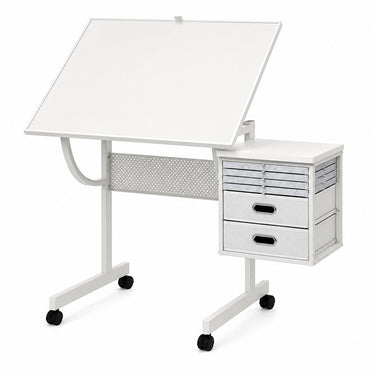 Multi-Functional Puzzle Table with Lockable Wheels and Drawers, White