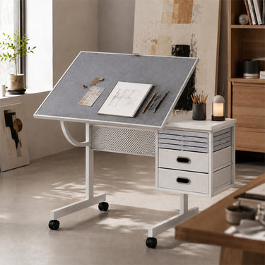 Multi-Functional Puzzle Table with Lockable Wheels and Drawers, White