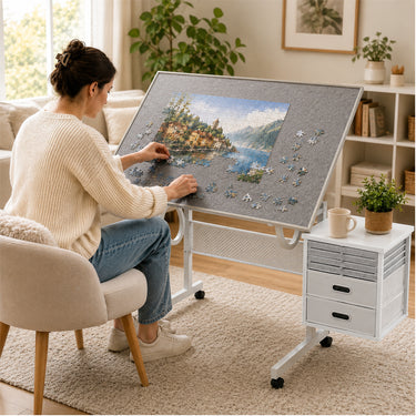 Multi-Functional Puzzle Table with Lockable Wheels and Drawers, White