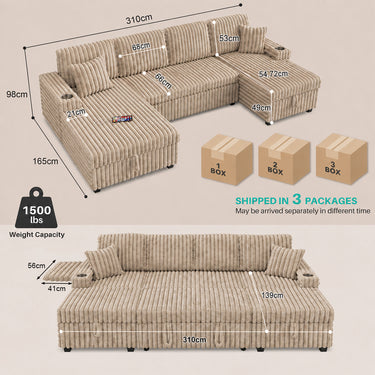 Oversized Sectional Sofa, Plush Corduroy, U Shaped, 4-seater