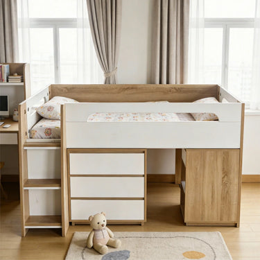 Eeeza Simple and Natural Bed Frame with Bookshelf, Versatile Style