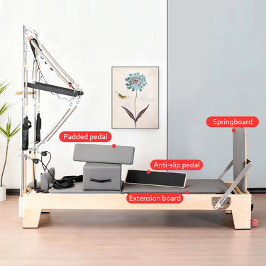 Eeeza Maple Wood Frame Pilates Reformer with Half Trapeze Table - Grey