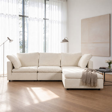 Eeeza Modular Sectional Sofa with Ottoman, 3-seater, Chenille, White