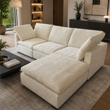 Eeeza Modular Sectional Sofa with Ottoman, 3-seater, Chenille, White