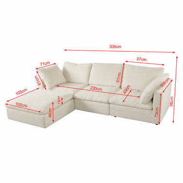 Eeeza Modular Sectional Sofa with Ottoman, 3-seater, Chenille, White