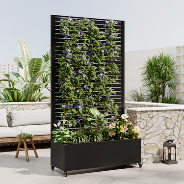 Eeeza Outdoor Flower Rack with Trellis and Wheels for Patio, Metal