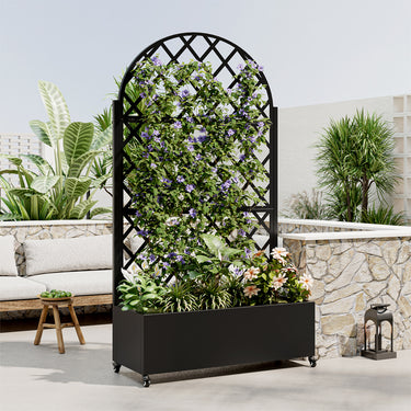 Eeeza Outdoor Flower Rack with Trellis and Wheels for Patio, Metal