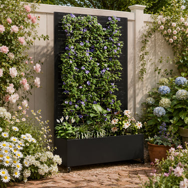 Eeeza Outdoor Flower Rack with Trellis and Wheels for Patio, Metal