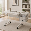 Multi-Functional Puzzle Table with Lockable Wheels and Drawers, White