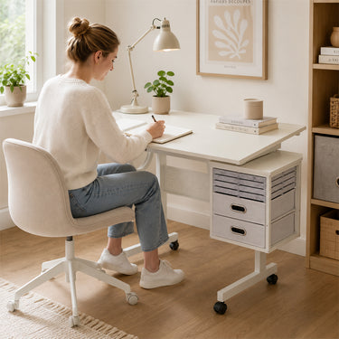 Multi-Functional Puzzle Table with Lockable Wheels and Drawers, White
