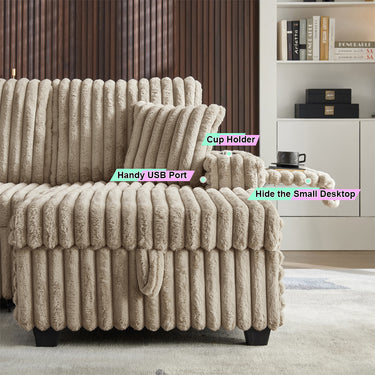 Oversized Sectional Sofa, Plush Corduroy, U Shaped, 4-seater
