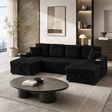 Oversized Sectional Sofa, Plush Corduroy, U Shaped, 4-seater